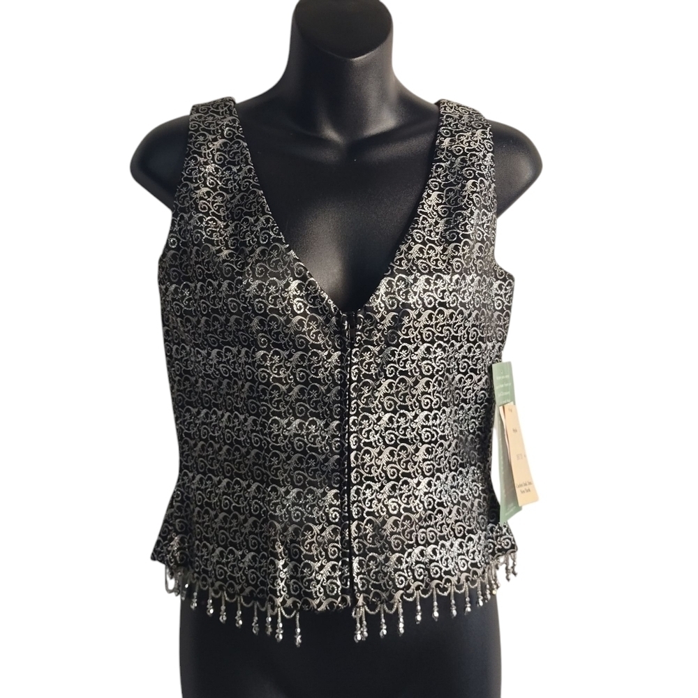 Cachet Women's Black Silver Beads fringed Vest Size 8 NWT